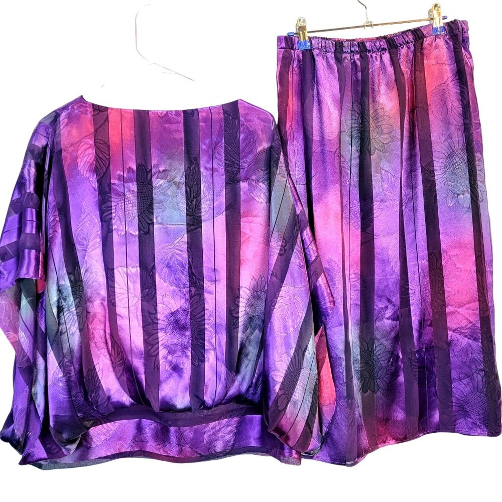 Vintage 80s Set Women 12 Colorful Floral Stripe Midi Skirt Blouse Top Shirt Pink - Picture 2 of 16